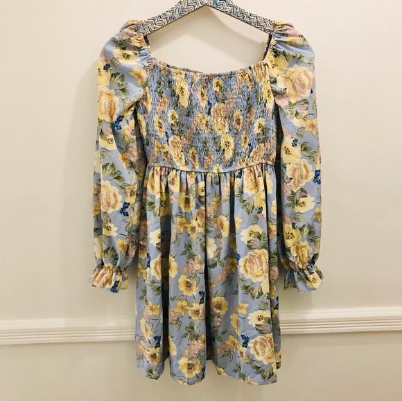 NWT HL Affair Floral Mini Dress Small blue yellow smocked long sleeve - Picture 2 of 12